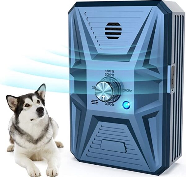 Anti Barking Device. Blue square box with small dog looking at it.